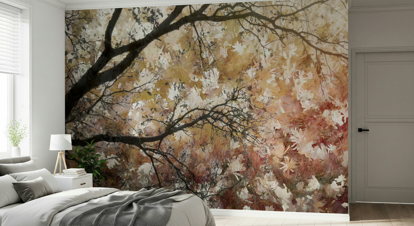 A calming serene forest wallpaper mural that defines a space.