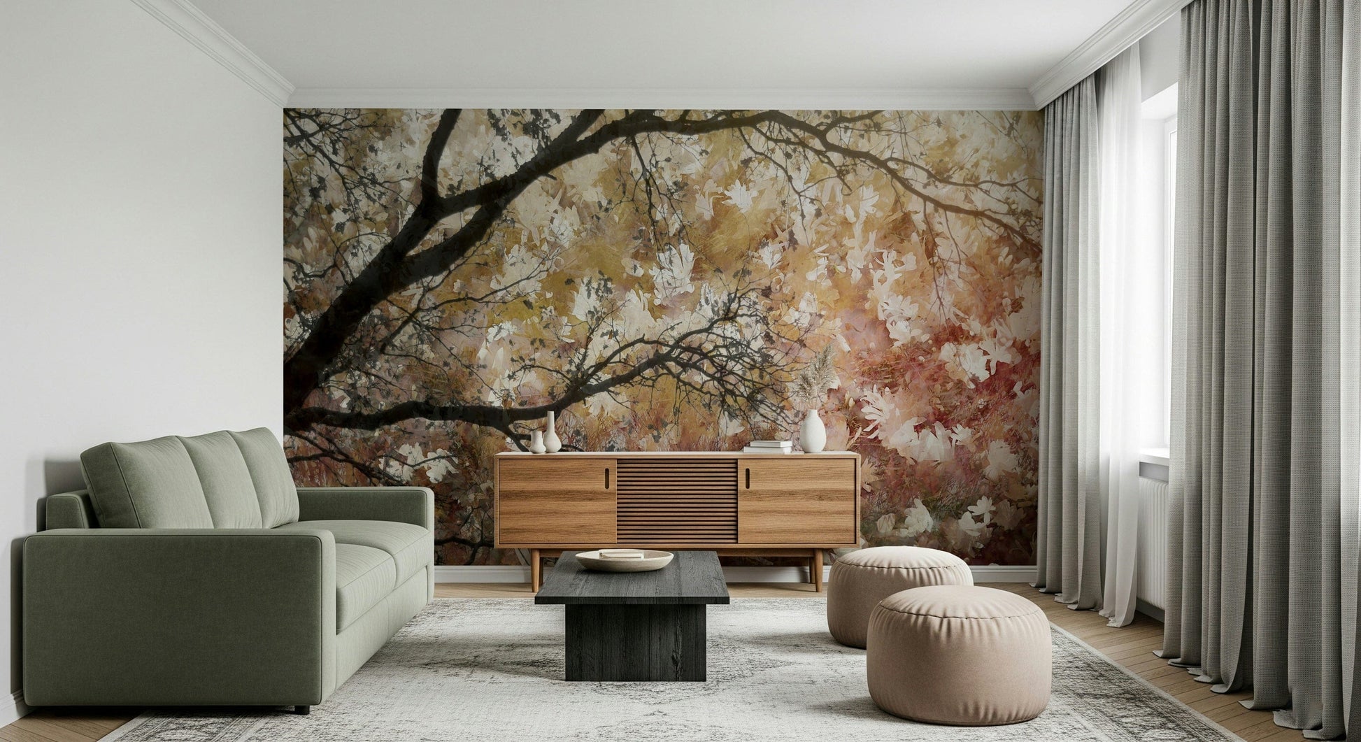 A graceful subtle leaf wall mural in warm, natural tones.