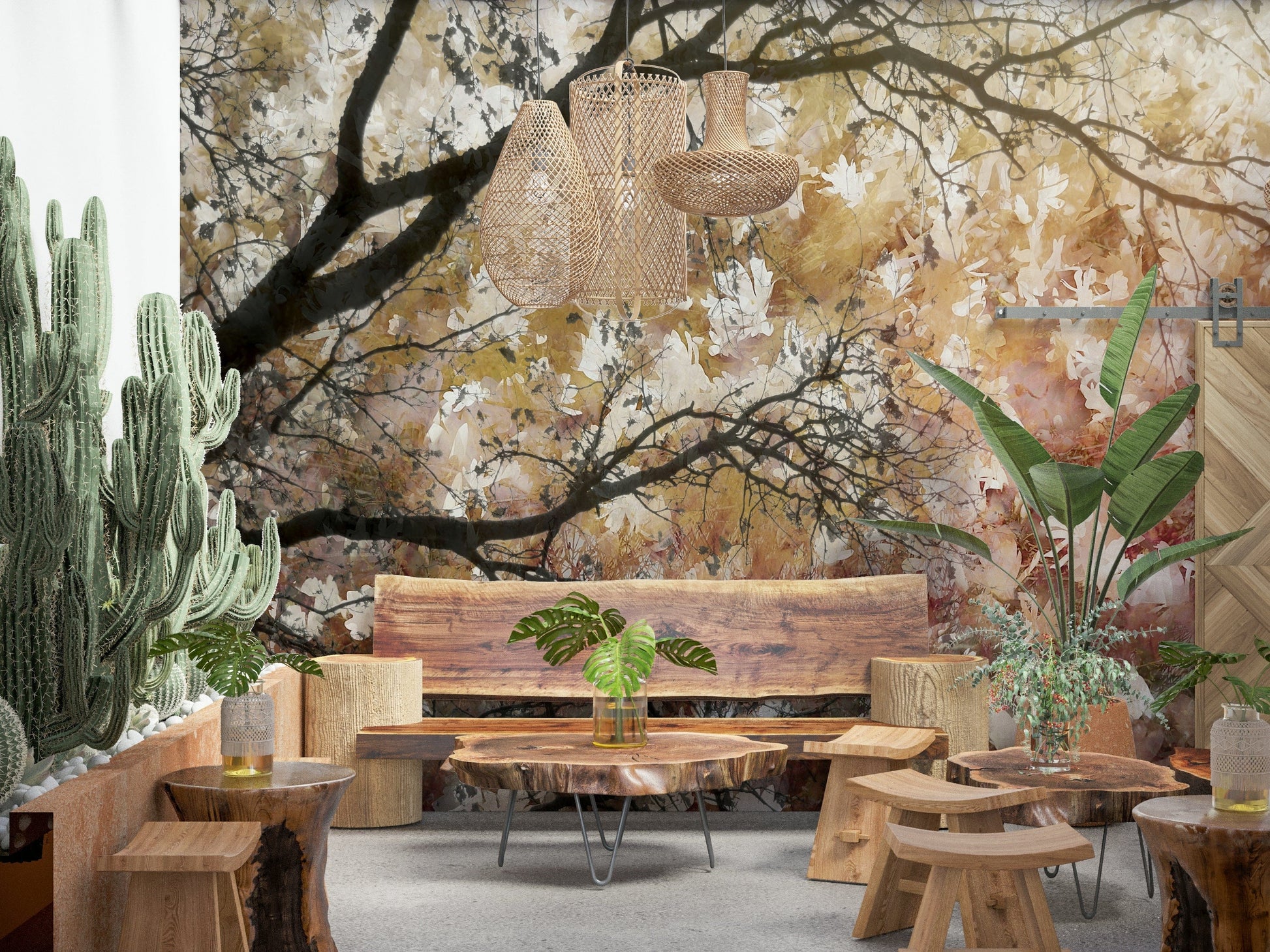 A peaceful woodland vista mural on decorative wallpaper.