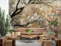 A peaceful woodland vista mural on decorative wallpaper.
