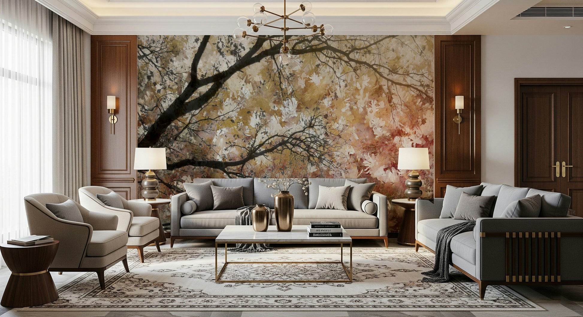 An artistic changing leaves mural on scenic wallpaper.