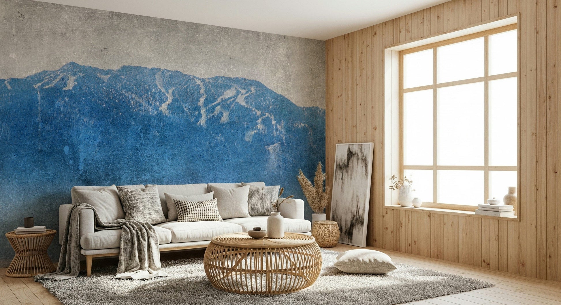 A graceful subtle pattern wall mural in cool, blue tones.
