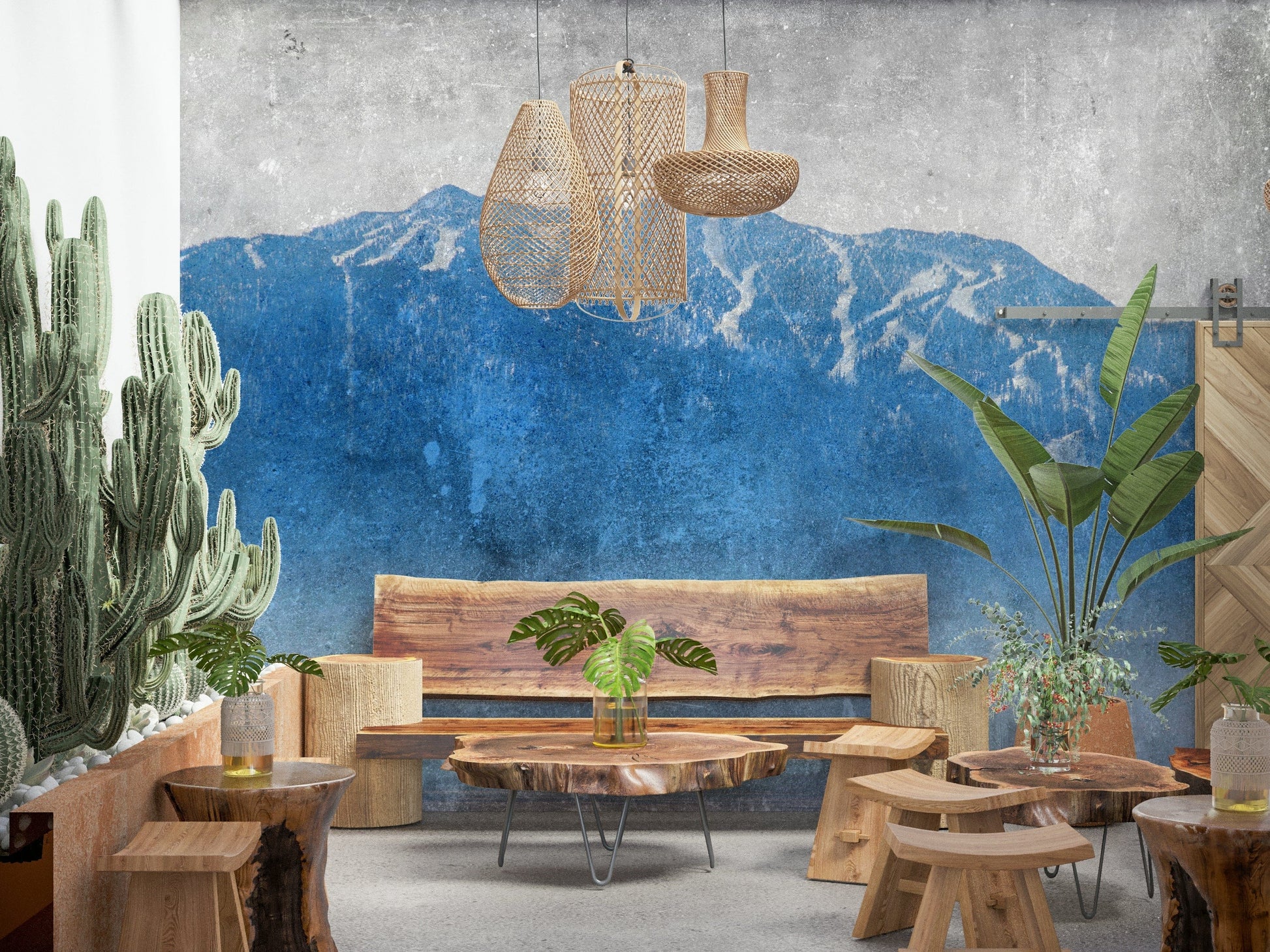 A calming serene mountain wallpaper mural that defines a space.
