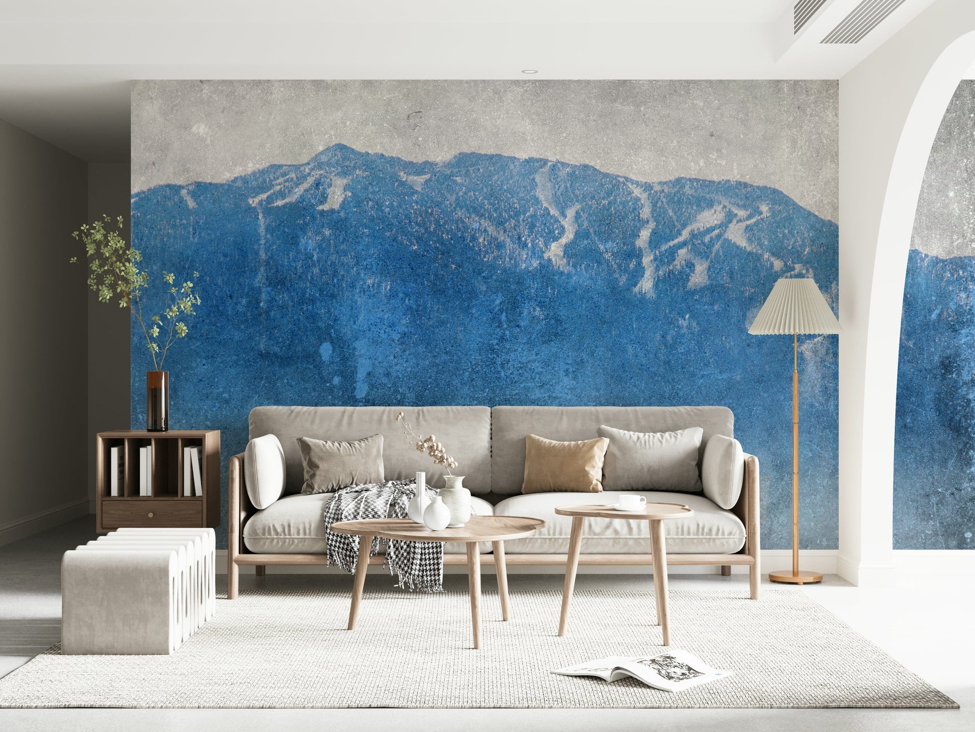 A beautiful wide-angle wall mural of a serene landscape.