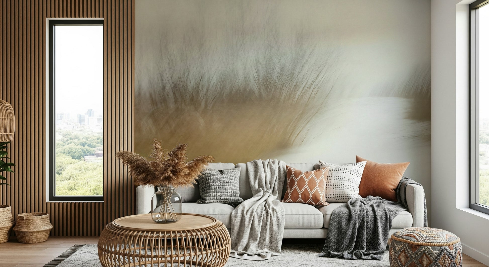 A peaceful modern abstract mural on decorative wallpaper.