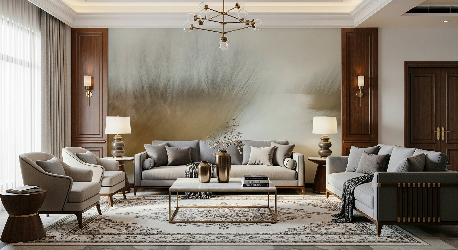 A graceful subtle pattern wall mural in cool, tranquil tones.