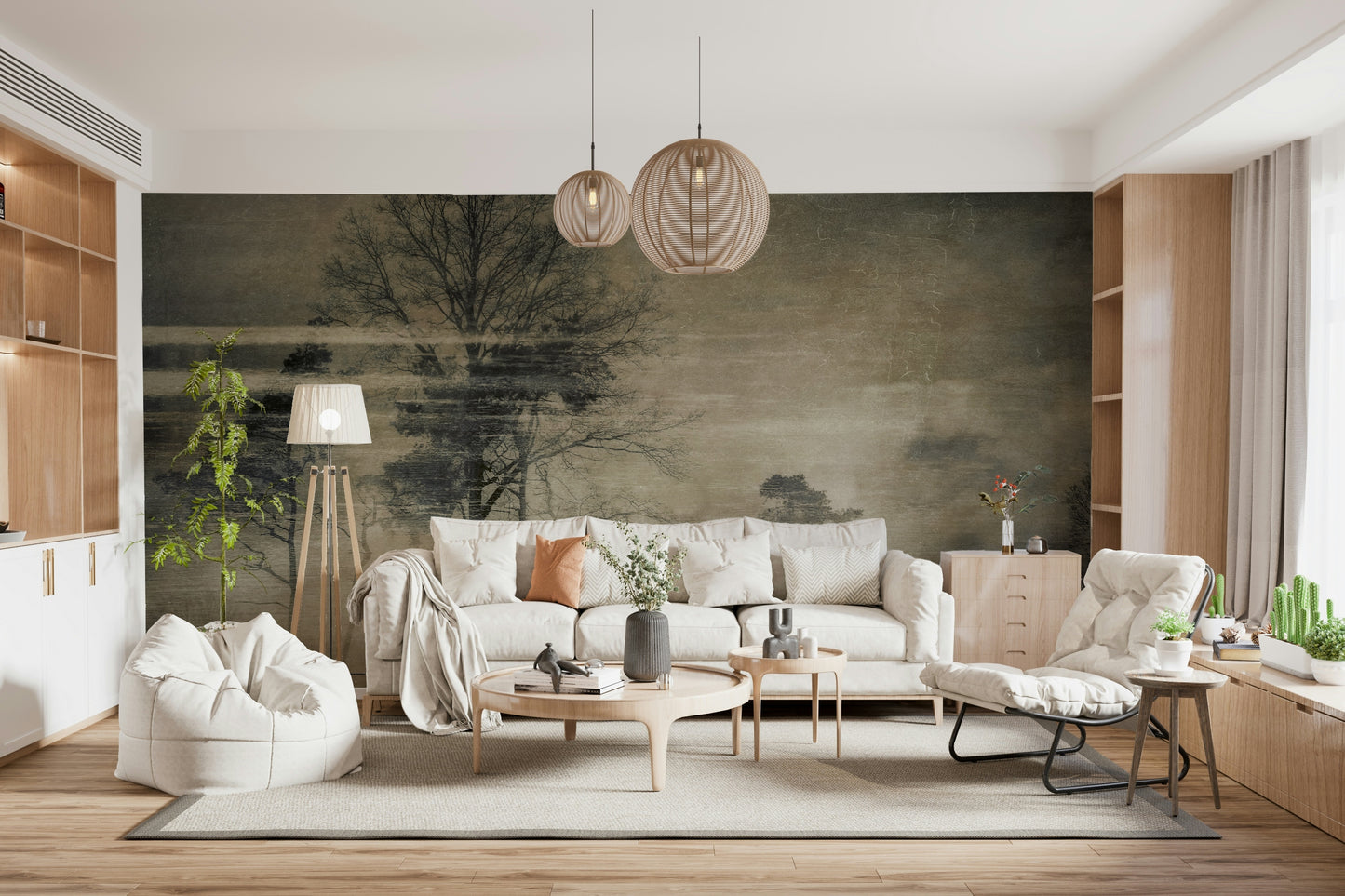 A peaceful woodland vista mural on decorative wallpaper.