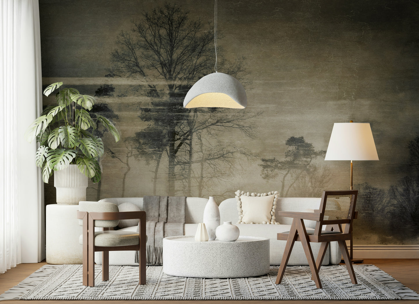 An artistic dreamy landscape mural on minimalist wallpaper.