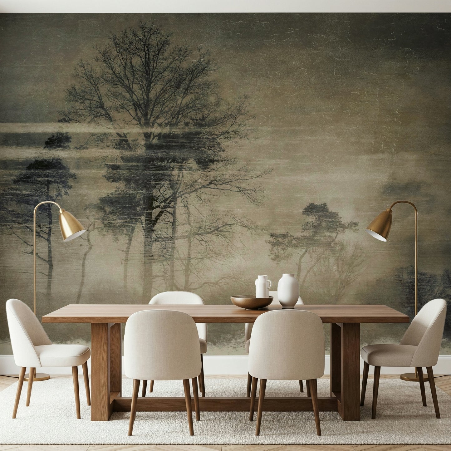 A graceful subtle tree wall mural in cool, natural tones.