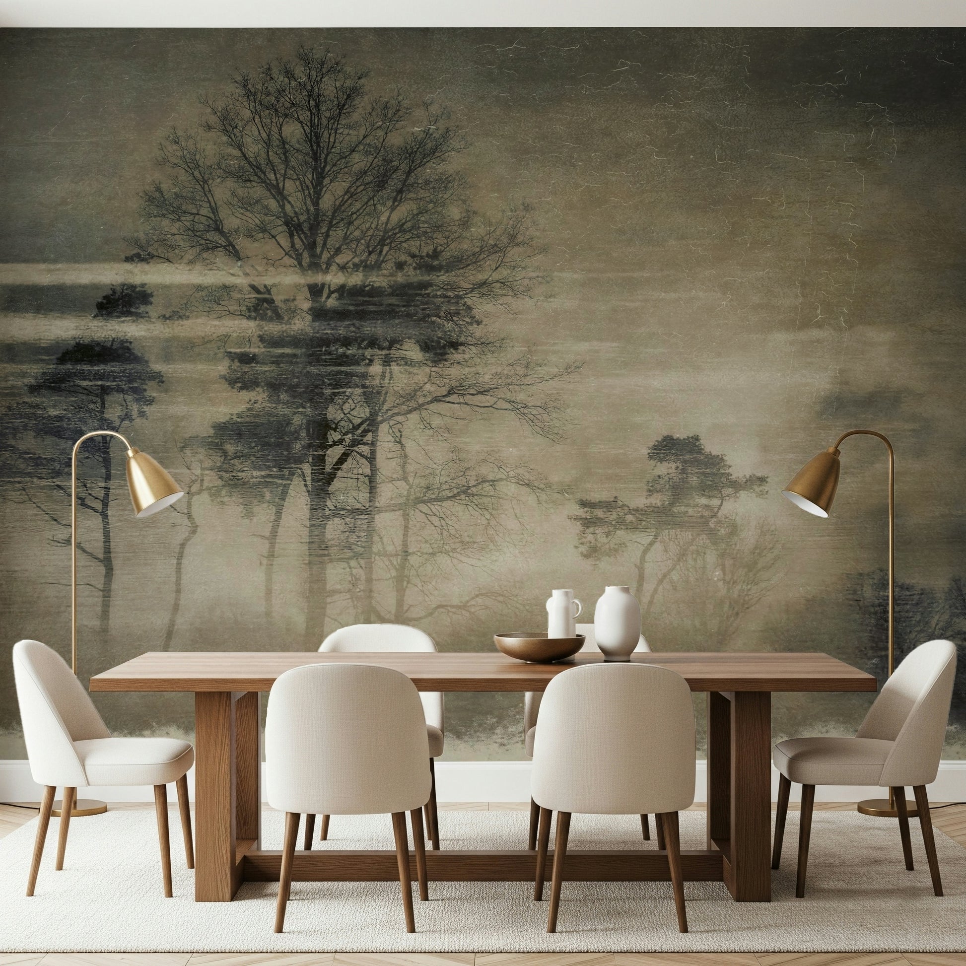 A graceful subtle tree wall mural in cool, natural tones.