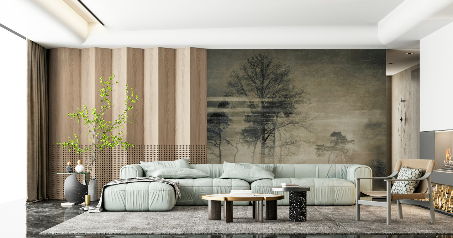 A contemplative misty forest wallpaper mural for a feature wall.