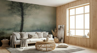 A peaceful woodland vista mural on decorative wallpaper.