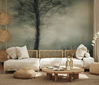 A beautiful wide-angle wall mural of a misty wood.