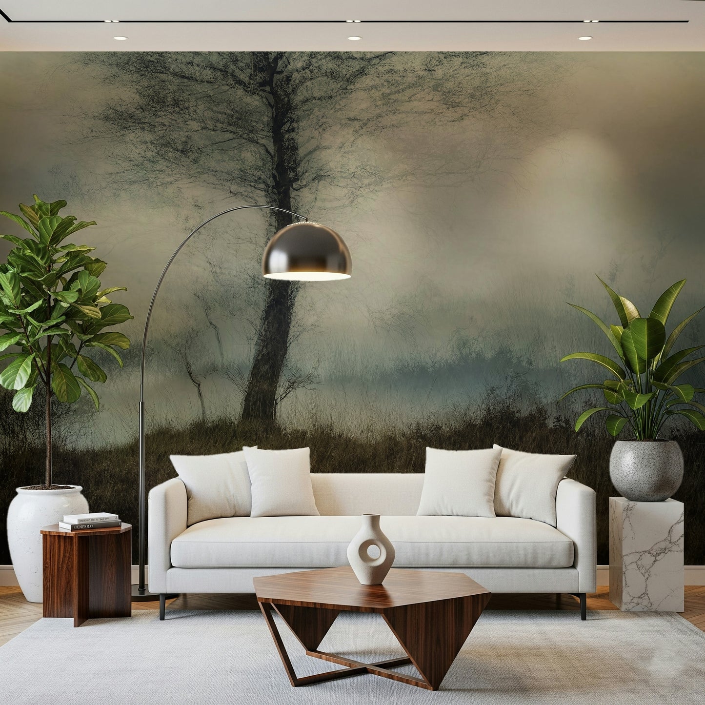 A graceful subtle tree wall mural in cool, natural tones.