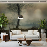 A graceful subtle tree wall mural in cool, natural tones.