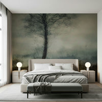 An artistic dreamy landscape mural on minimalist wallpaper.