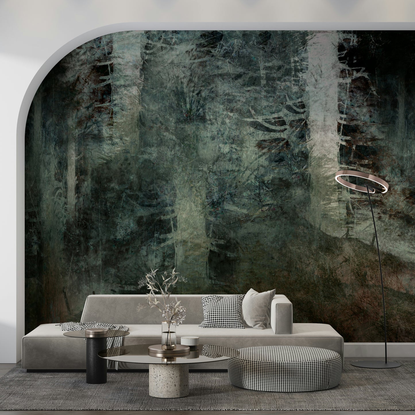 A graceful subtle light wall mural in cool, natural tones.