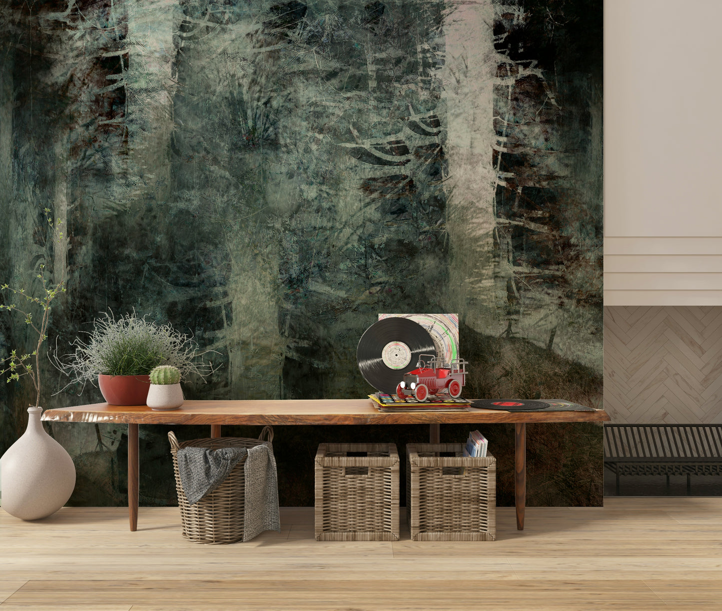 A contemplative gentle forest wallpaper mural for a feature wall.