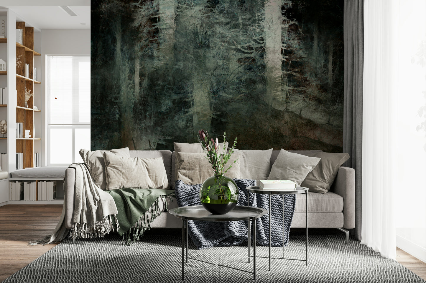 A beautiful serene forest wallpaper mural with subtle, dreamy light.