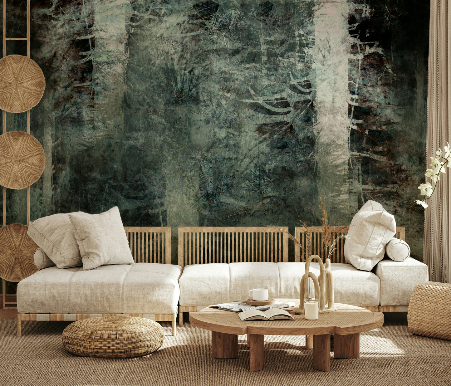 A peaceful woodland vista mural on decorative wallpaper.