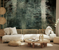 A peaceful woodland vista mural on decorative wallpaper.
