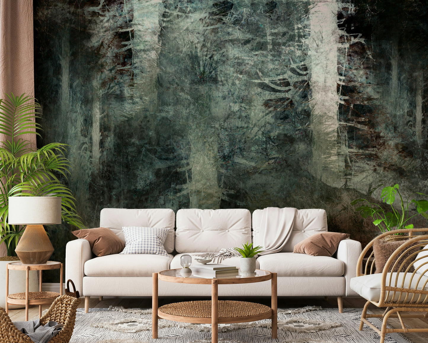 An artistic misty landscape mural on minimalist wallpaper.