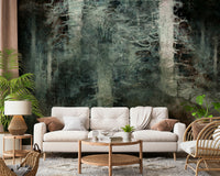 An artistic misty landscape mural on minimalist wallpaper.