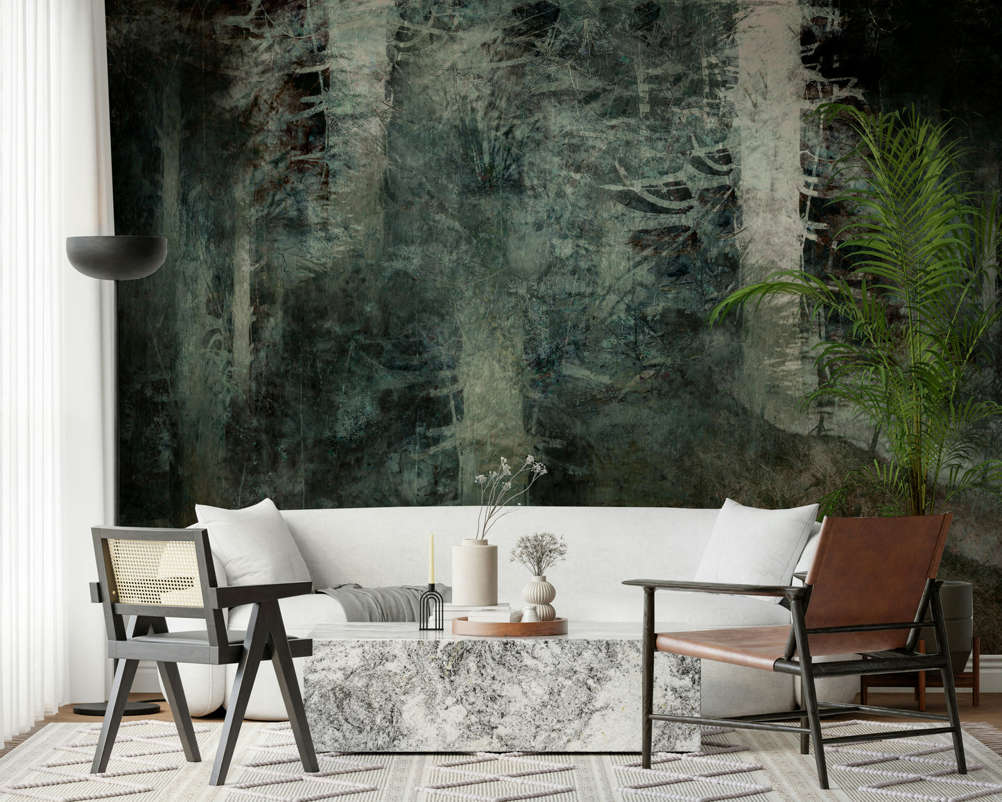 A calming serene forest wallpaper mural that defines a space.