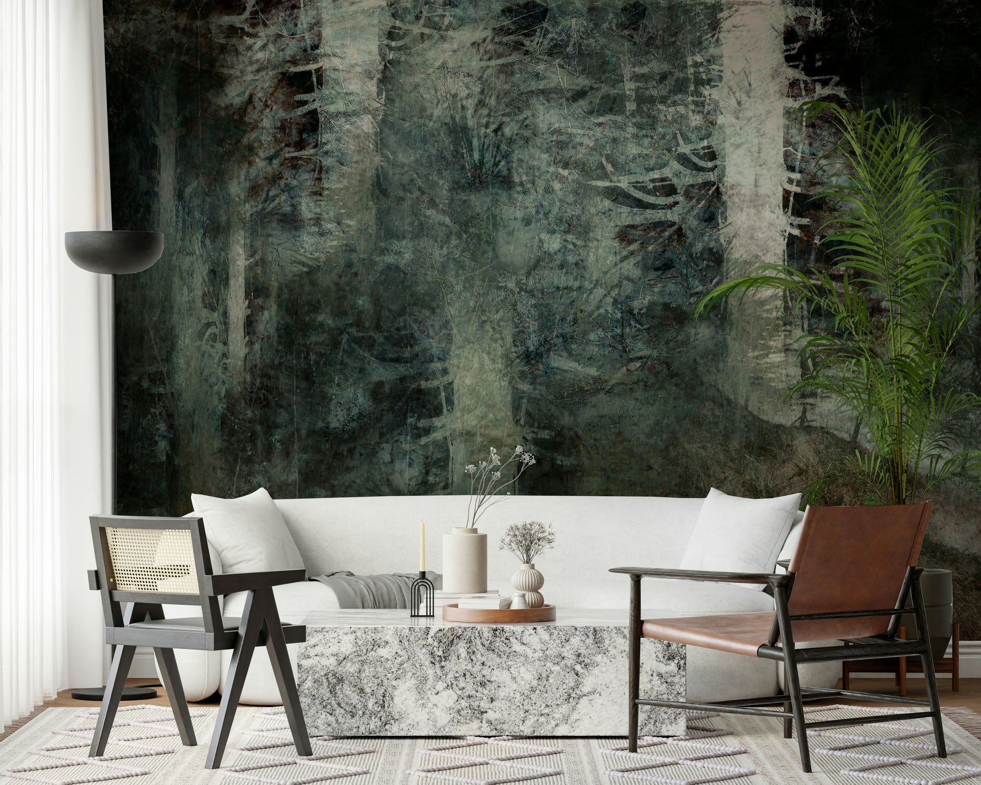 A calming serene forest wallpaper mural that defines a space.