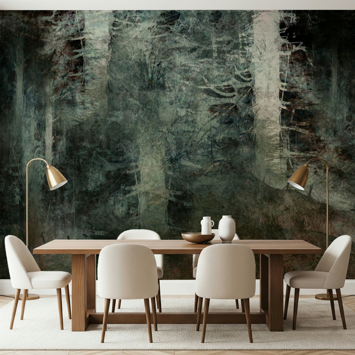 A beautiful wide-angle wall mural of a misty wood.