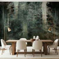 A beautiful wide-angle wall mural of a misty wood.