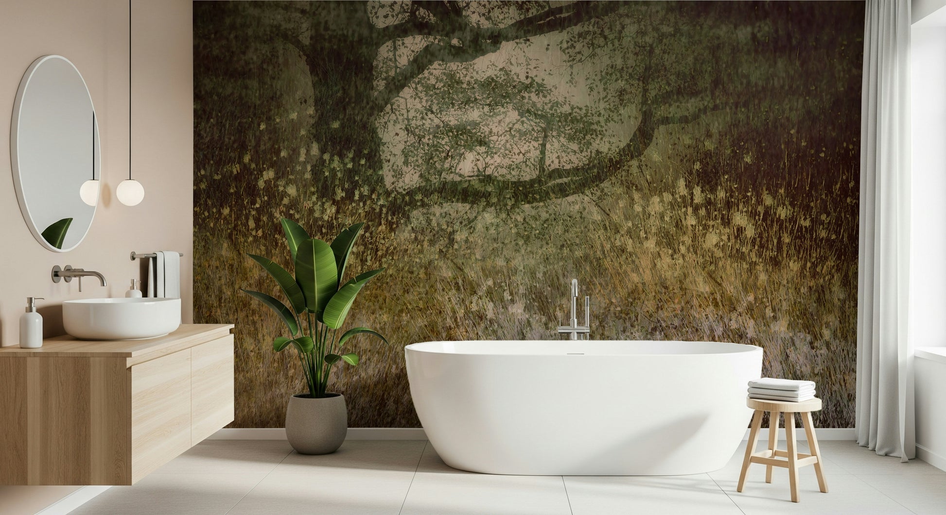 An artistic soft focus mural on minimalist wallpaper.