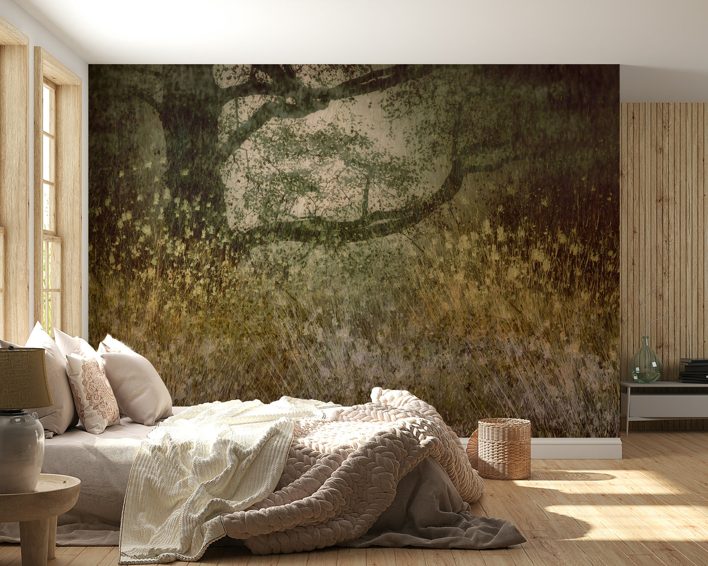 A calming abstract design wallpaper mural that defines a space.