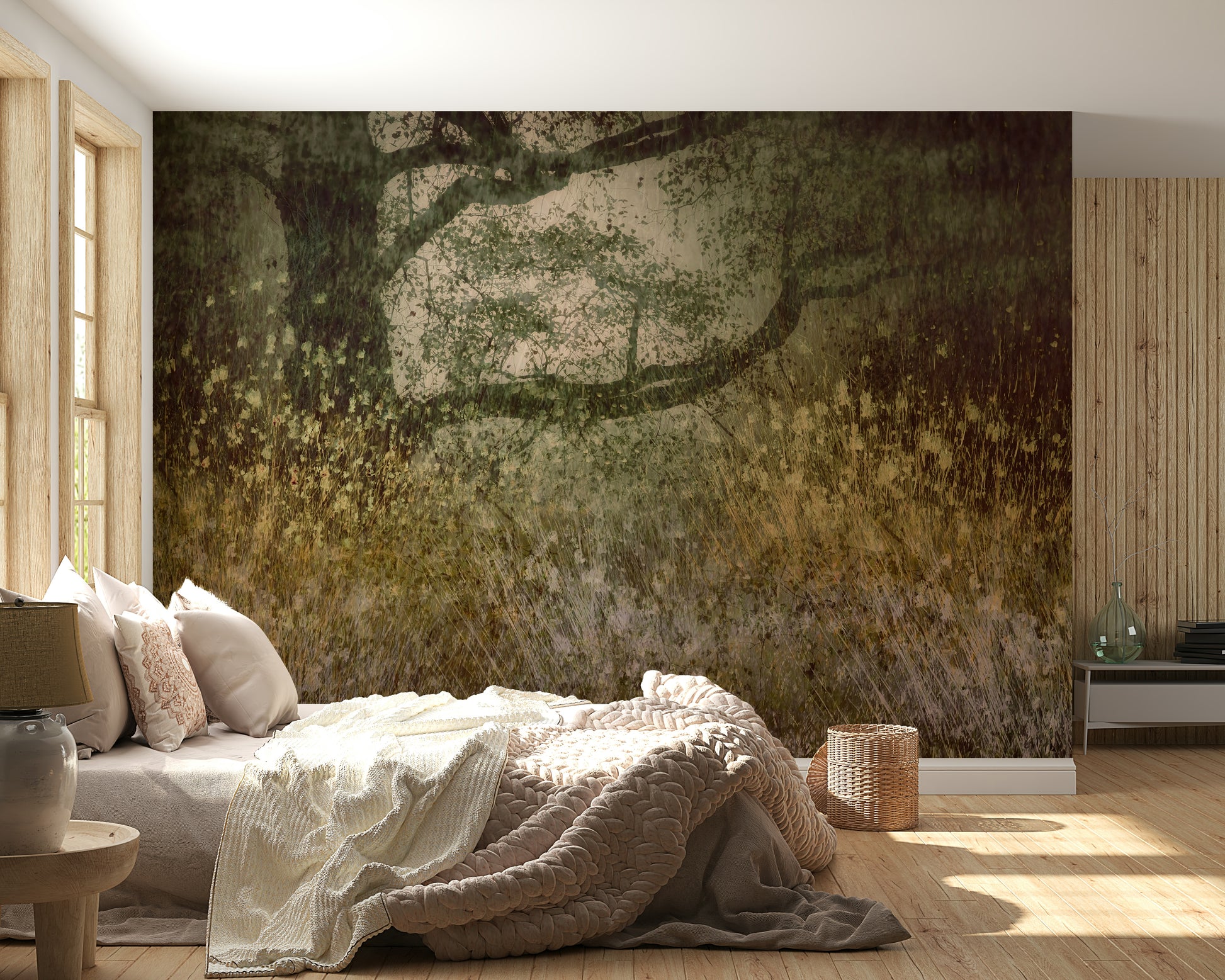 A calming abstract design wallpaper mural that defines a space.