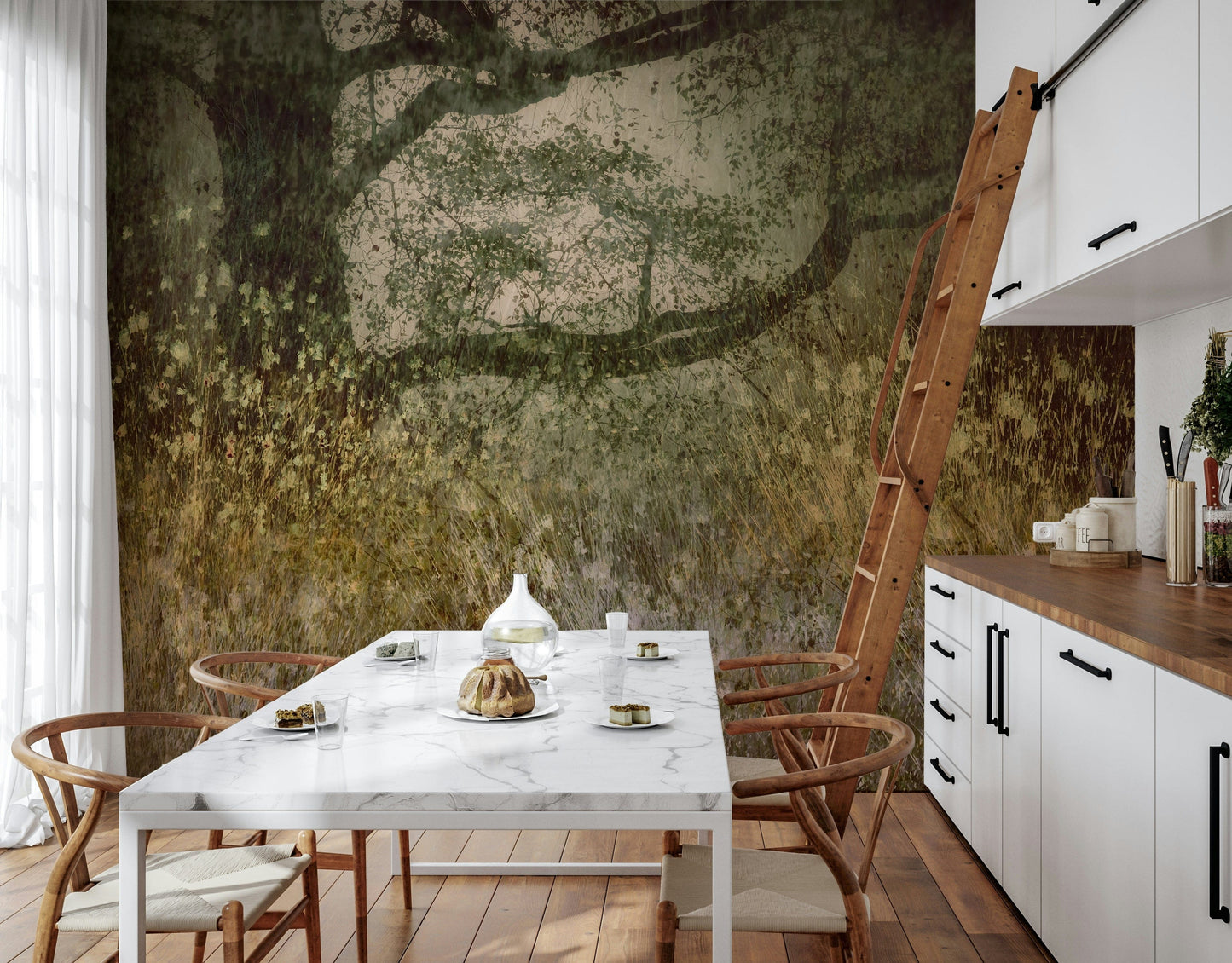 A peaceful modern abstract mural on decorative wallpaper.