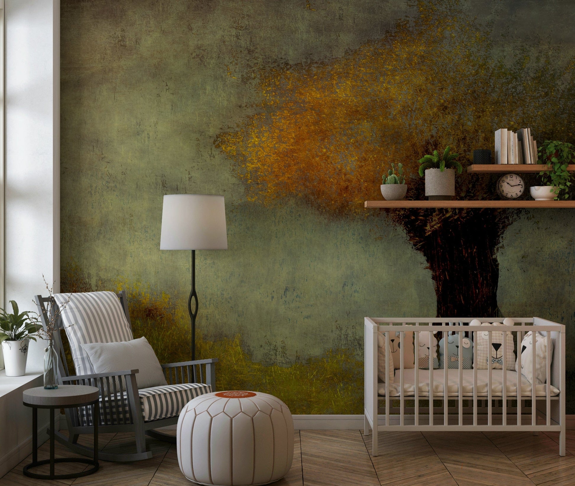 An artistic lush foliage mural on minimalist wallpaper.