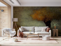 A peaceful woodland vista mural on decorative wallpaper.