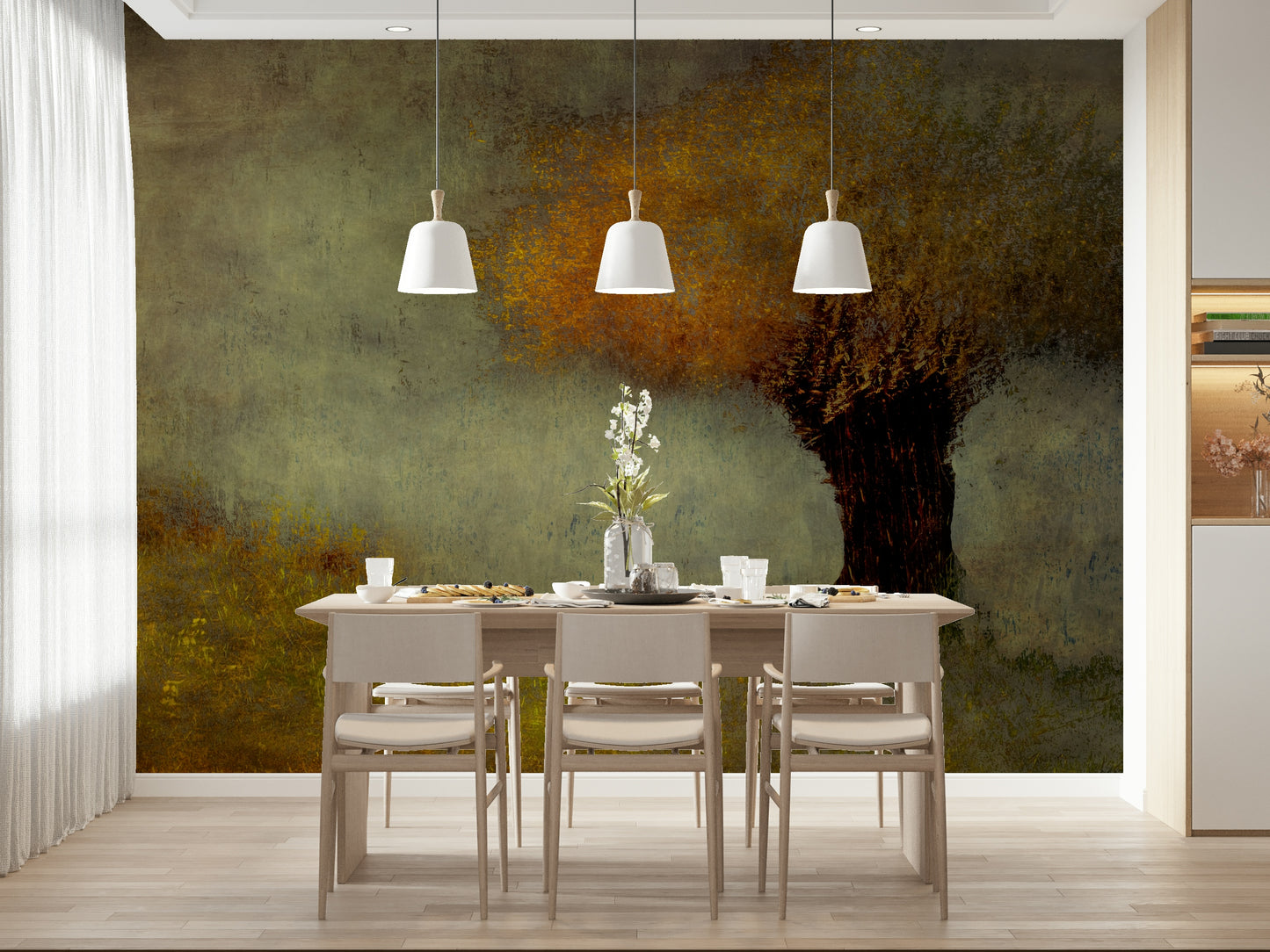 A contemplative leaf design wallpaper mural for a feature wall.