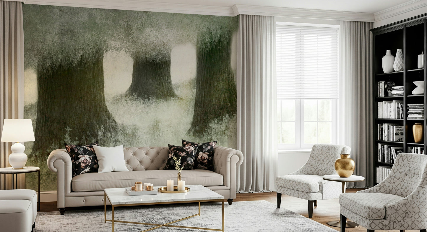 A tranquil abstract woods wall mural for contemplative decor.