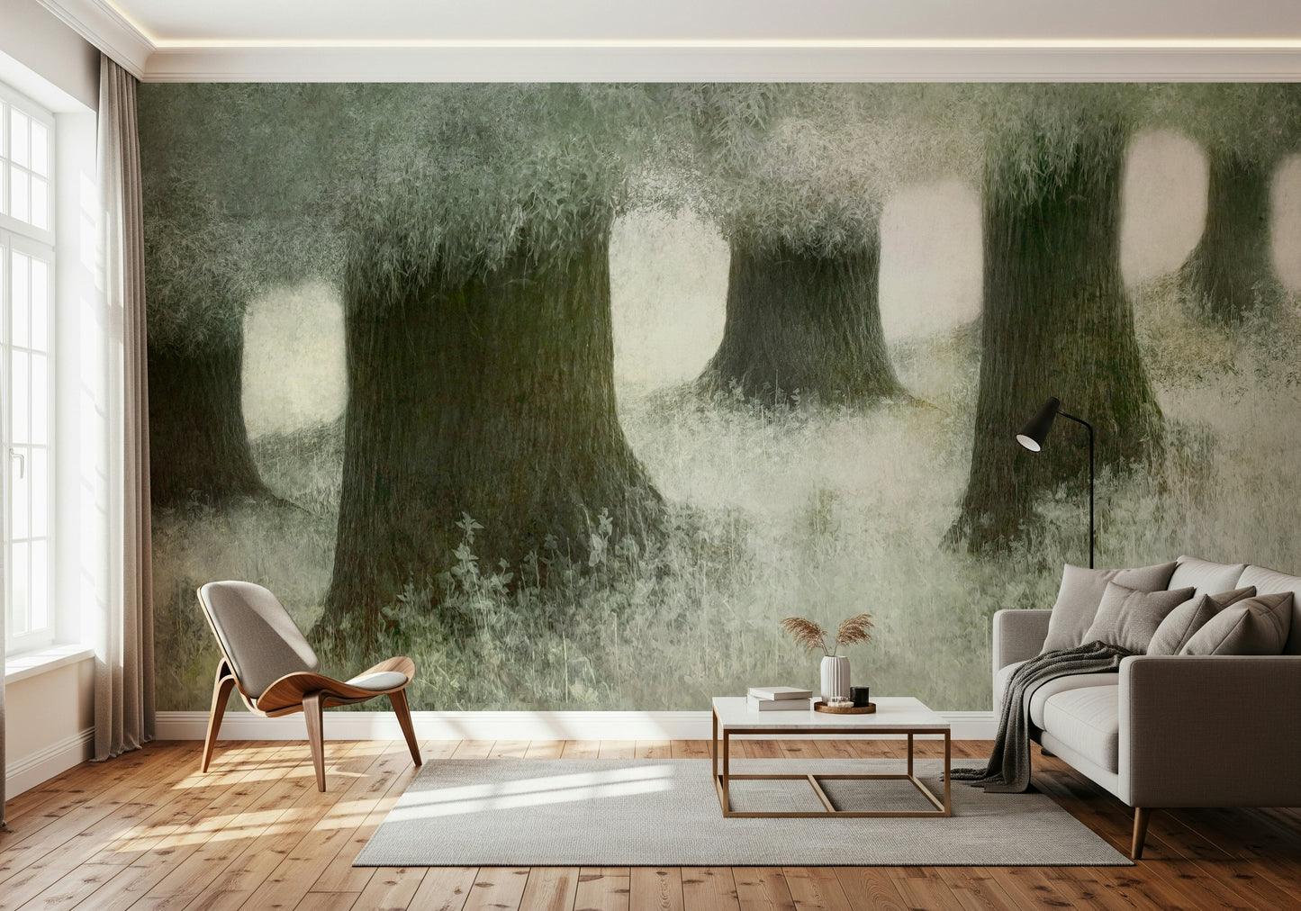 A beautiful serene forest wallpaper mural with subtle, silent trees.