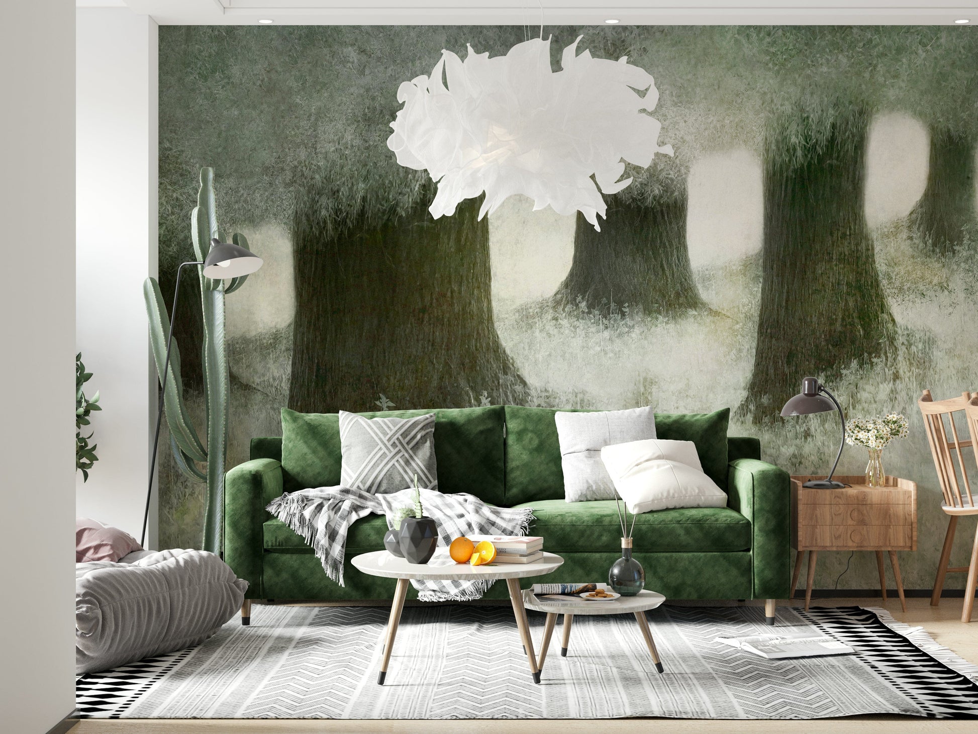 A calming serene forest wallpaper mural that defines a space.