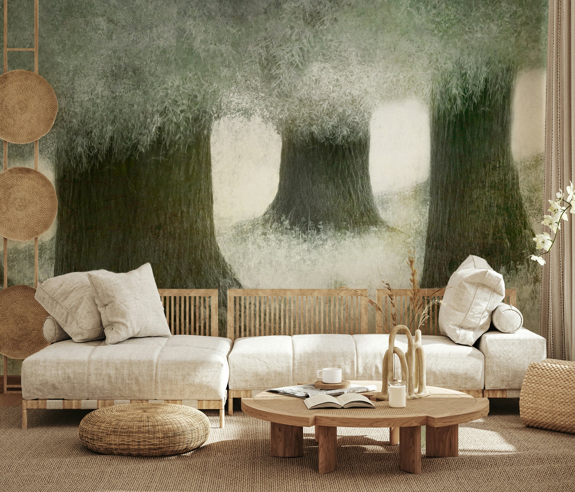 A beautiful wide-angle wall mural of a serene wood.