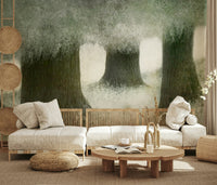 A beautiful wide-angle wall mural of a serene wood.