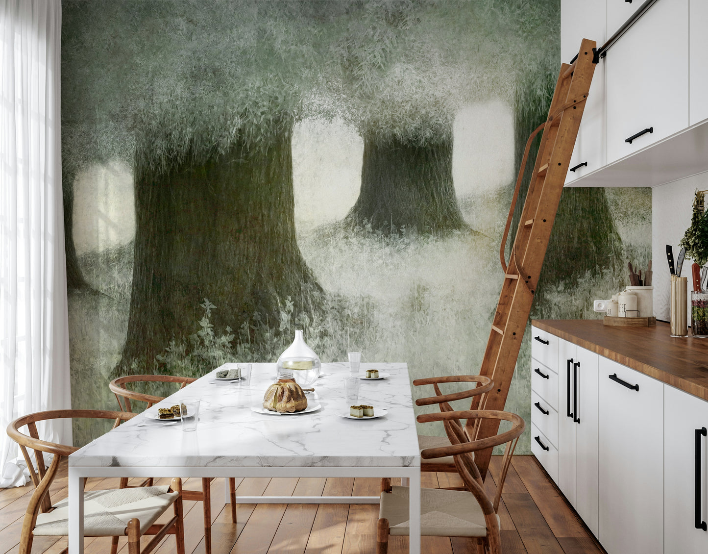 An artistic soft focus tree mural on scenic wallpaper.