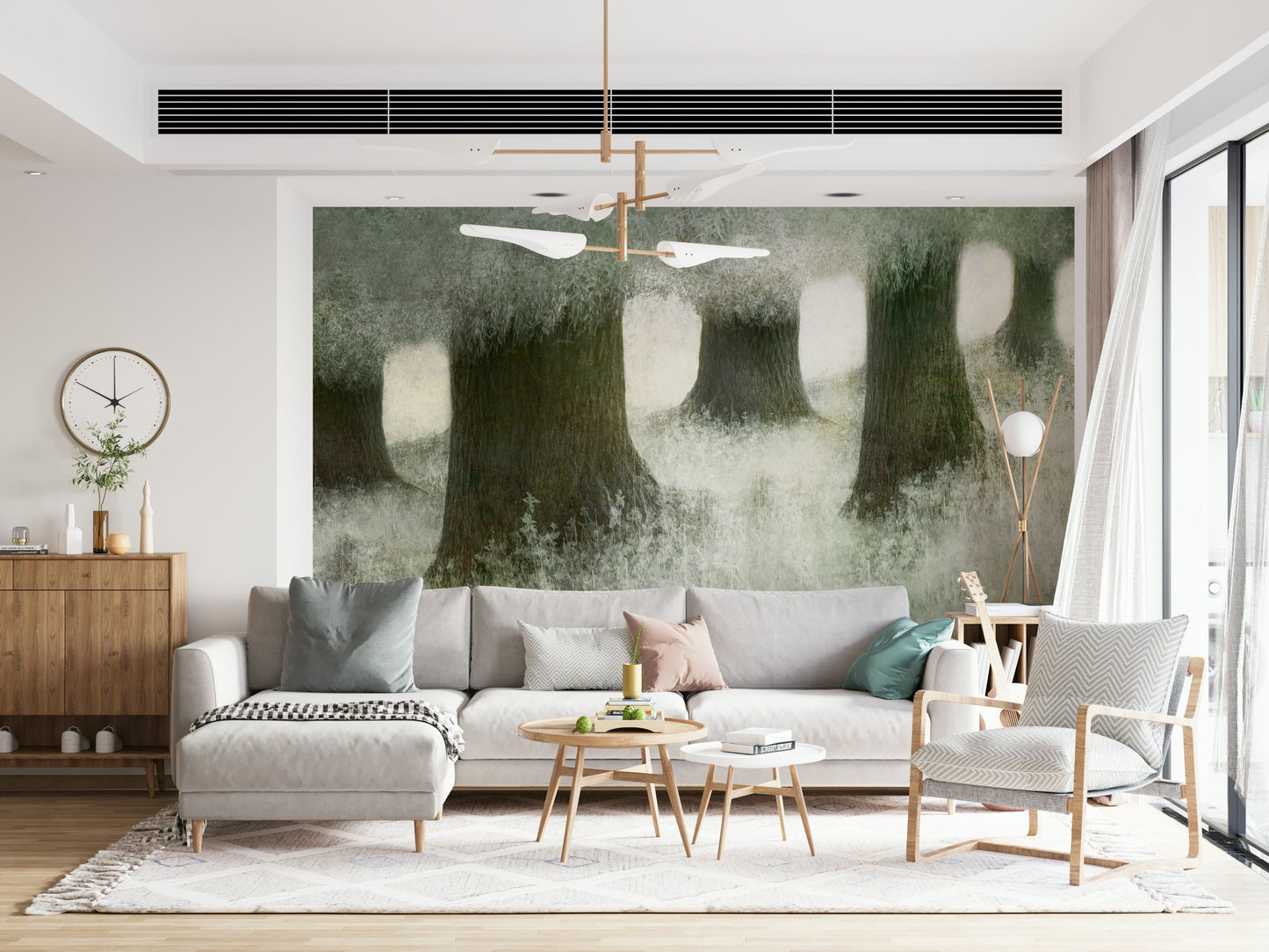 A graceful subtle leaf wall mural in cool, natural tones.