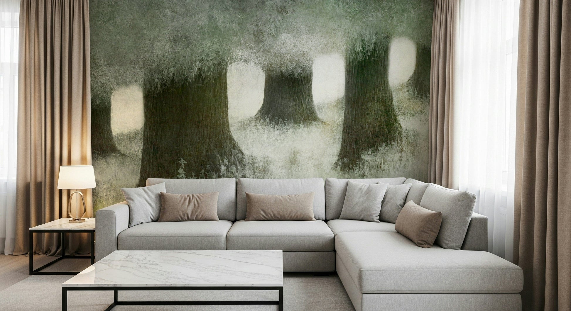 A peaceful woodland vista mural on decorative wallpaper.