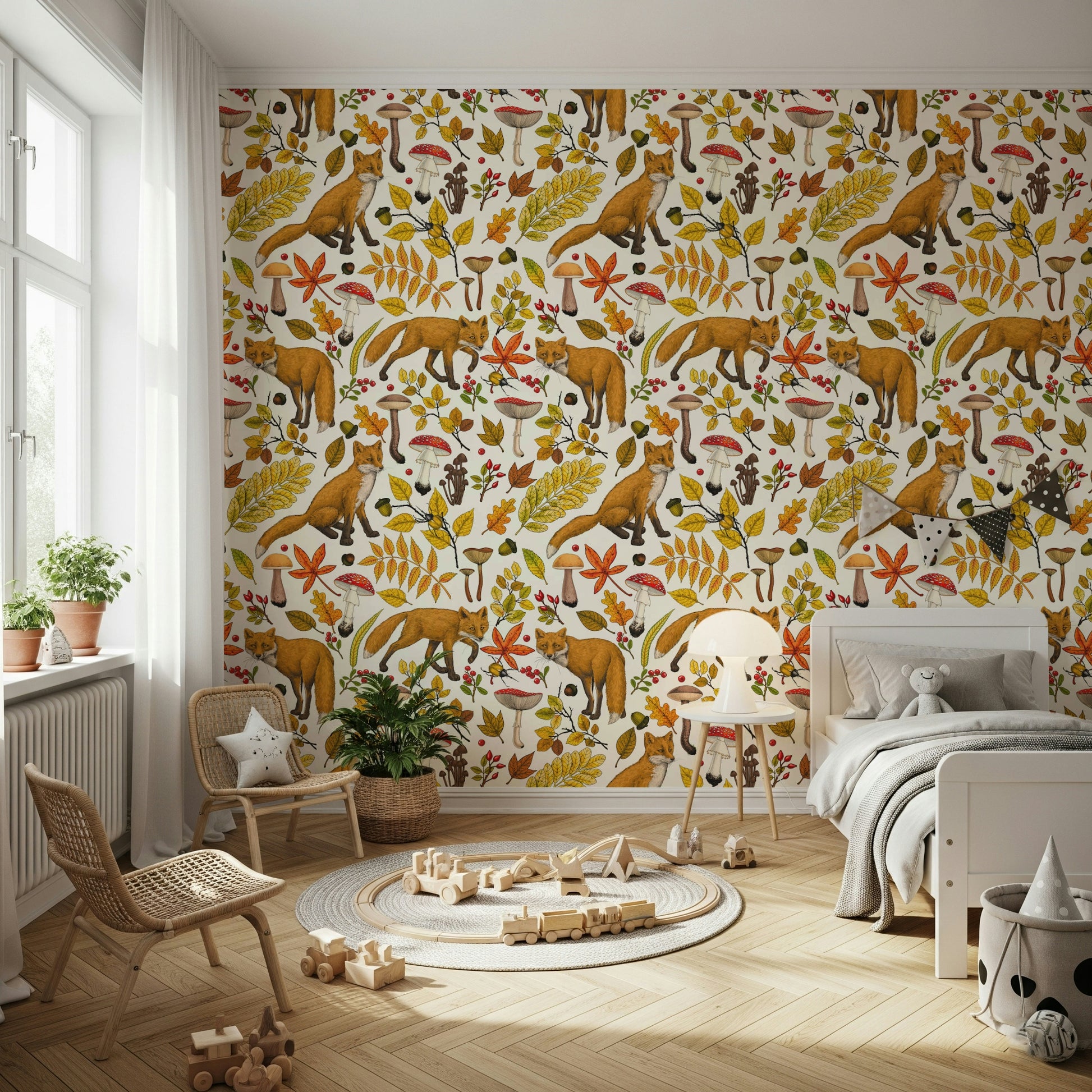 An artistic subtle fox and leaf pattern mural on minimalist wallpaper.