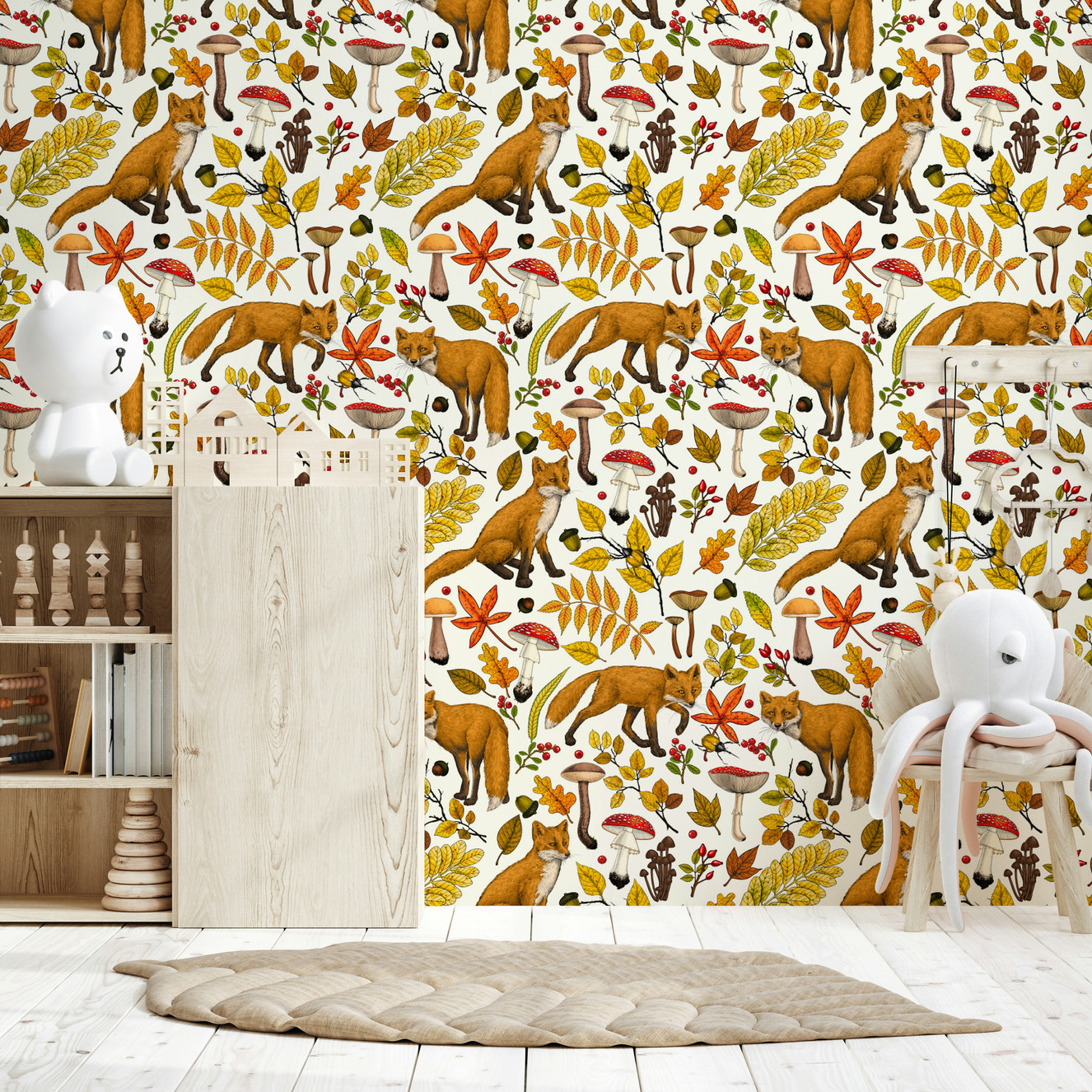 A beautiful natural white wallpaper with a repeating pattern of autumn foxes and delicate foliage.