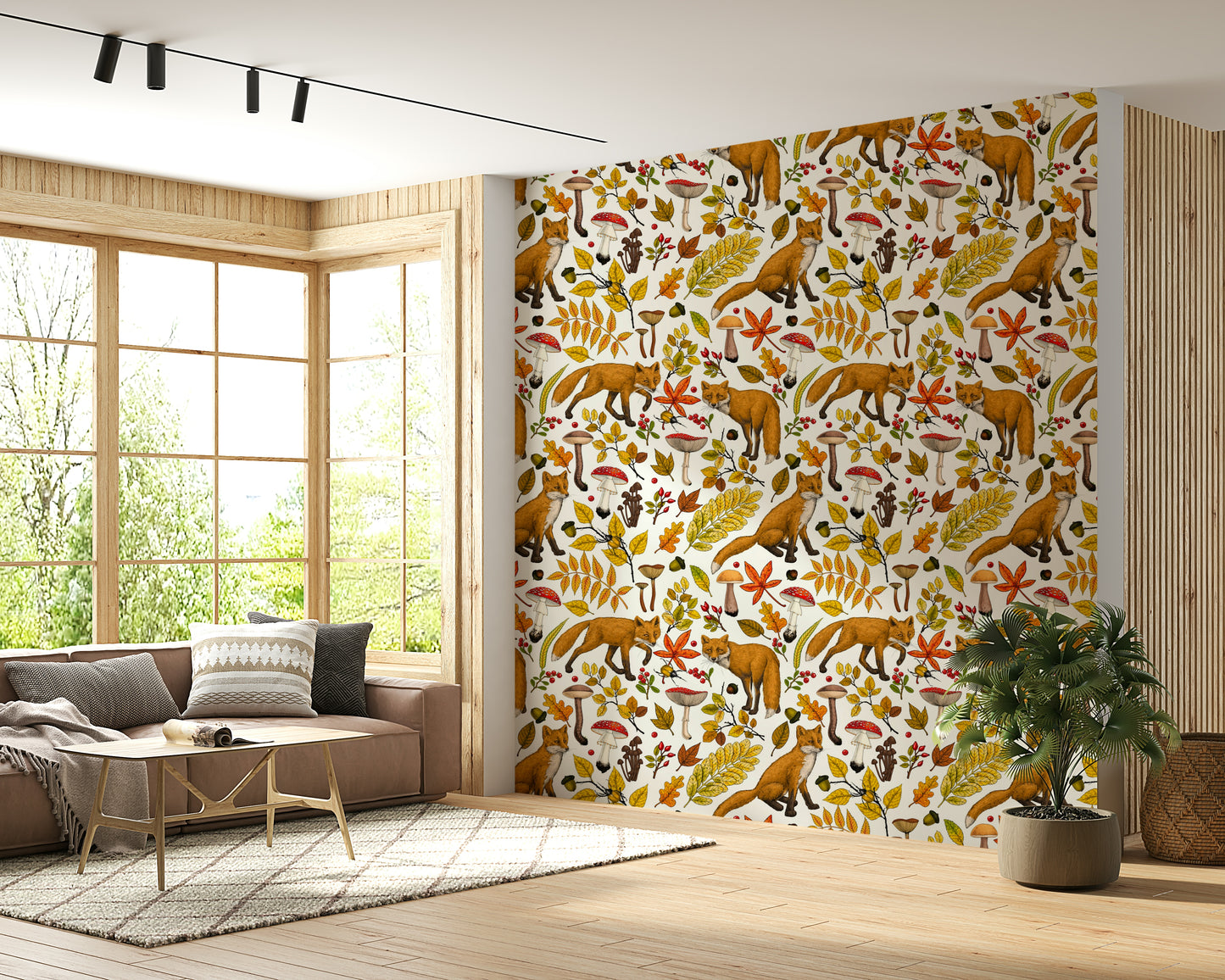 A serene woodland animal wallpaper mural featuring playful foxes.