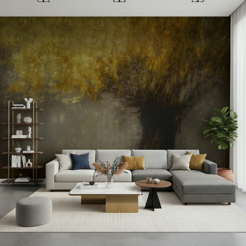 A beautiful wide-angle wall mural of a misty wood.
